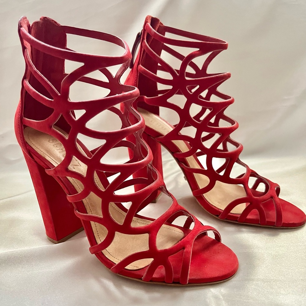 Schutz Summer Red Nubuck Caged Block Heels